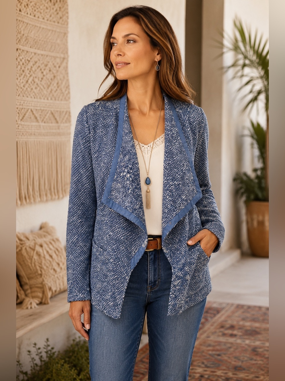 Talbots Blue & White Open-Front Tweed Blazer